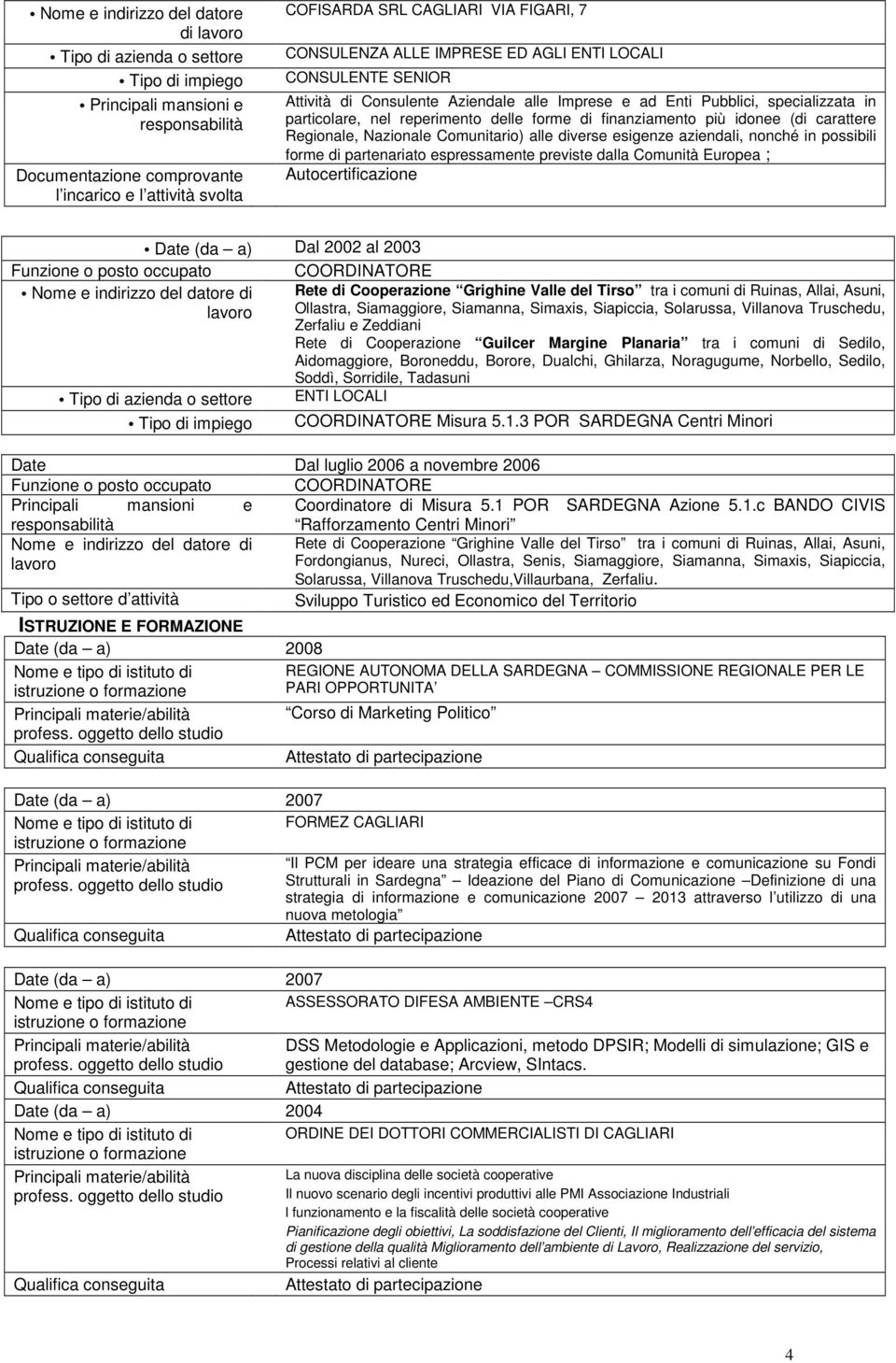 dalla Comunità Europea ; Autocertificazione Date (da a) Dal 2002 al 2003 Funzione o posto occupato COORDINATORE di Rete di Cooperazione Grighine Valle del Tirso tra i comuni di Ruinas, Allai, Asuni,