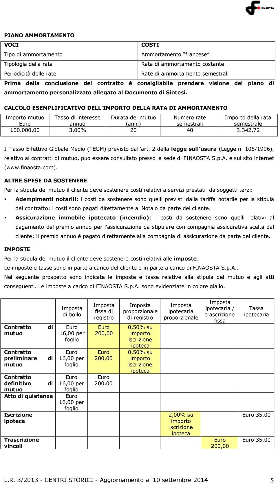 CALCOLO ESEMPLIFICATIVO DELL'IMPORTO DELLA RATA DI AMMORTAMENTO Importo mutuo Tasso di interesse Durata del mutuo Numero rate Importo della rata annuo (anni) semestrali semestrale 100.