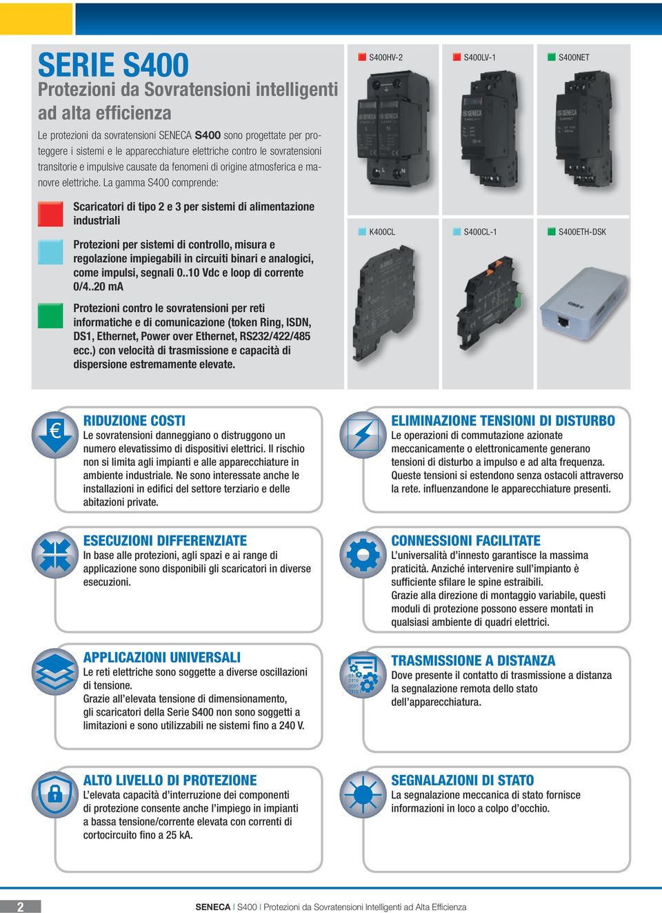 La gamma S400 comprende: Scaricatori di tipo 2 e 3 per sistemi di alimentazione industriali Protezioni per sistemi di controllo, misura e regolazione impiegabili in circuiti binari e analogici, come
