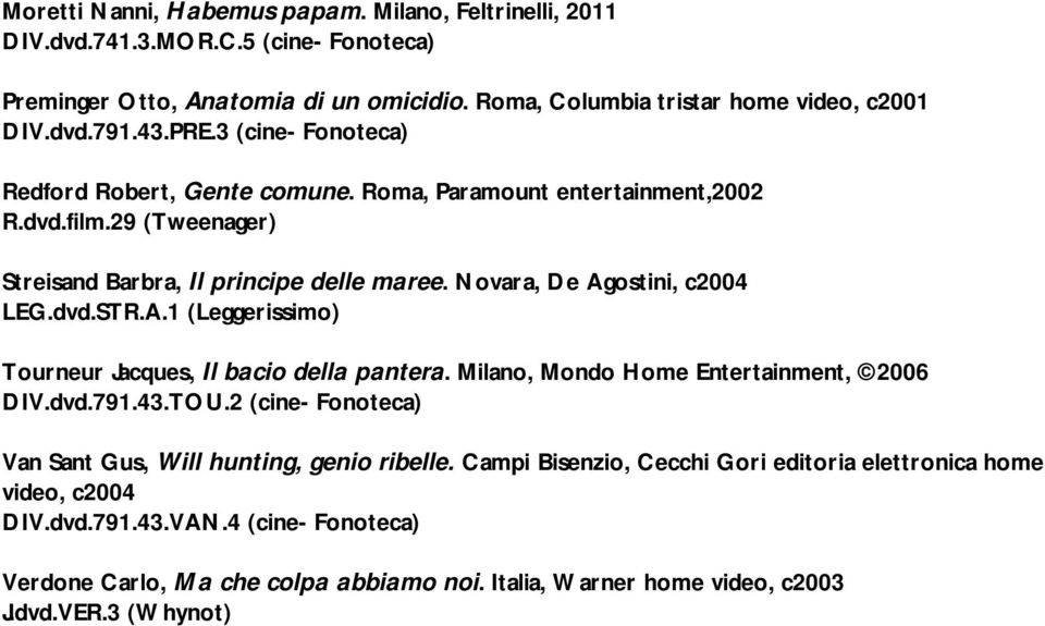 A.1 (Leggerissimo) Tourneur Jacques, Il bacio della pantera. Milano, Mondo Home Entertainment, 2006 DIV.dvd.791.43.TOU.2 (cine- Fonoteca) Van Sant Gus, Will hunting, genio ribelle.