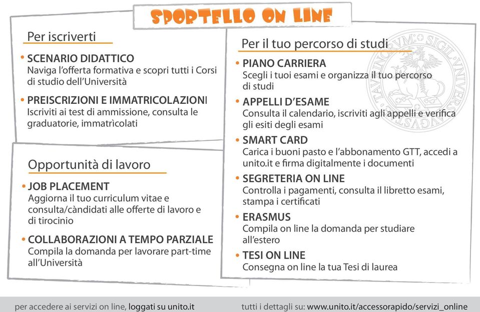 domanda per lavorare part-time all Università SPORTELLO ON LINE Per il tuo percorso di studi PIANO CARRIERA Scegli i tuoi esami e organizza il tuo percorso di studi APPELLI D ESAME Consulta il