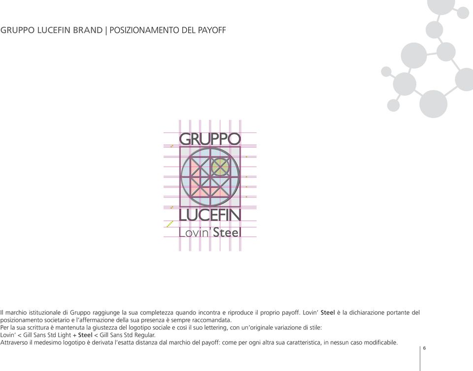 Per la sua scrittura è mantenuta la giustezza del logotipo sociale e così il suo lettering, con un originale variazione di stile: Lovin < Gill Sans Std Light