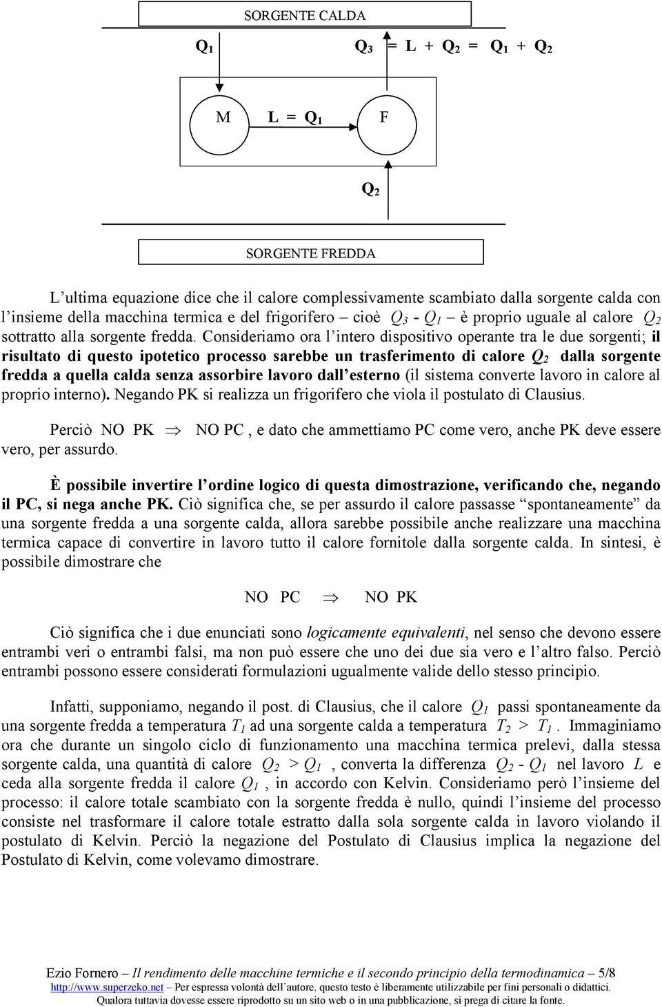 Consideriamo ora l intero dispositivo operante tra le due sorgenti; il risultato di questo ipotetico processo sarebbe un trasferimento di calore Q 2 dalla sorgente fredda a quella calda senza