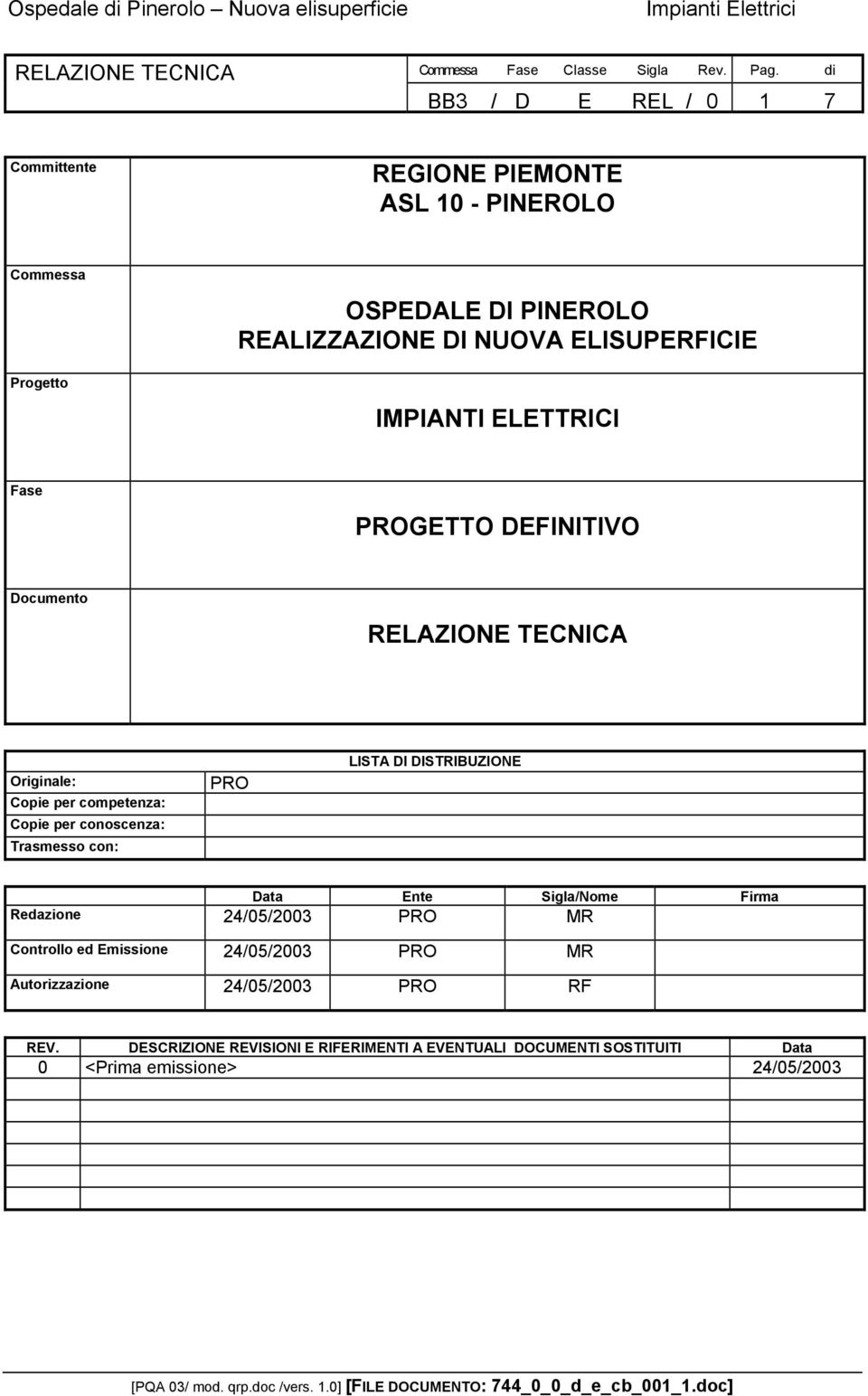 Trasmesso con: PRO LISTA DI DISTRIBUZIONE Data Ente Sigla/Nome Firma Redazione 24/05/2003 PRO MR Controllo ed Emissione 24/05/2003