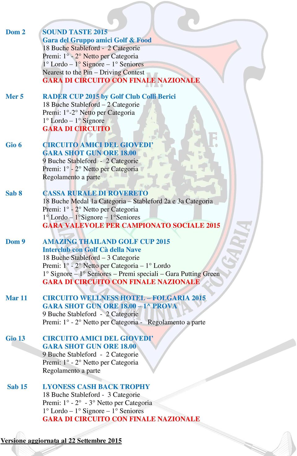 Lordo 1 Signore 1 Seniores GARA VALEVOLE PER CAMPIONATO SOCIALE 2015 Dom 9 AMAZING THAILAND GOLF CUP 2015 Interclub con Golf Cà della Nave 1 Lordo 1 Signore 1 Seniores Premi