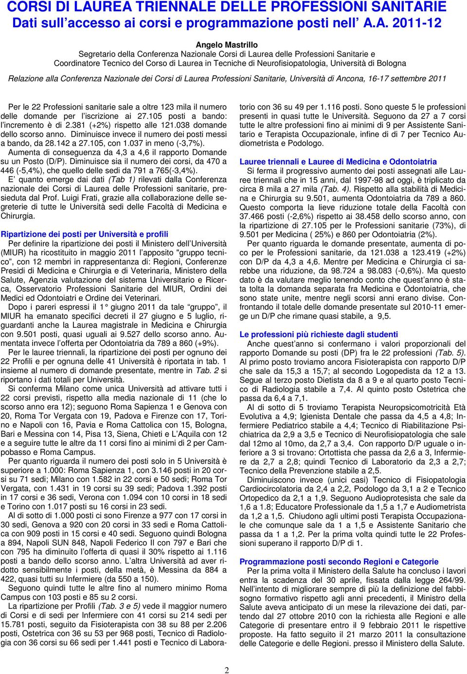 Sanitarie e Coordinatore Tecnico del Corso di Laurea in Tecniche di Neurofisiopatologia, Università di Bologna Relazione alla Conferenza Nazionale dei Corsi di Laurea Professioni Sanitarie,