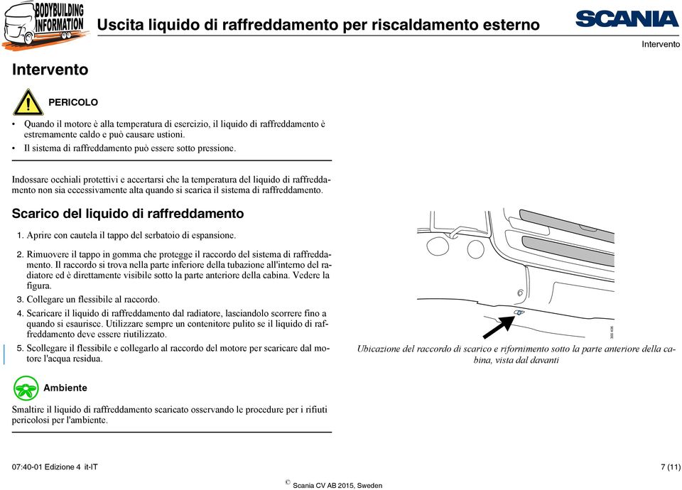 Scarico del liquido di raffreddamento 1. Aprire con cautela il tappo del serbatoio di espansione. 2. Rimuovere il tappo in gomma che protegge il raccordo del sistema di raffreddamento.