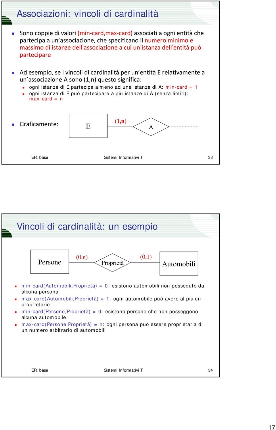 partecipa almeno ad una istanza di A: min-card = 1 ogni istanza di E può partecipare a più istanze di A (senza limiti): max-card = n (1,n) Graficamente: E A ER: base Sistemi Informativi T 33 Vincoli