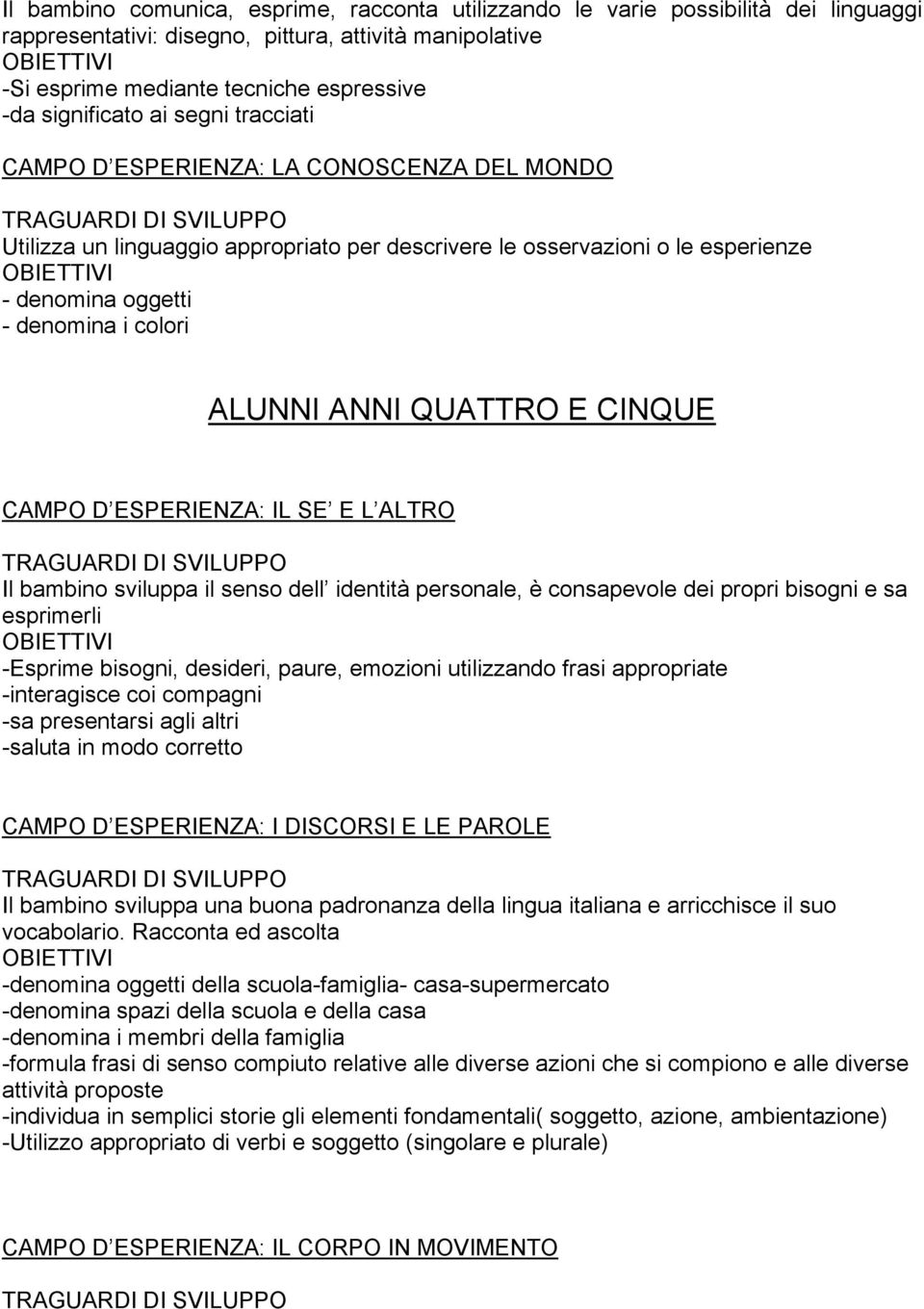 QUATTRO E CINQUE CAMPO D ESPERIENZA: IL SE E L ALTRO Il bambino sviluppa il senso dell identità personale, è consapevole dei propri bisogni e sa esprimerli -Esprime bisogni, desideri, paure, emozioni