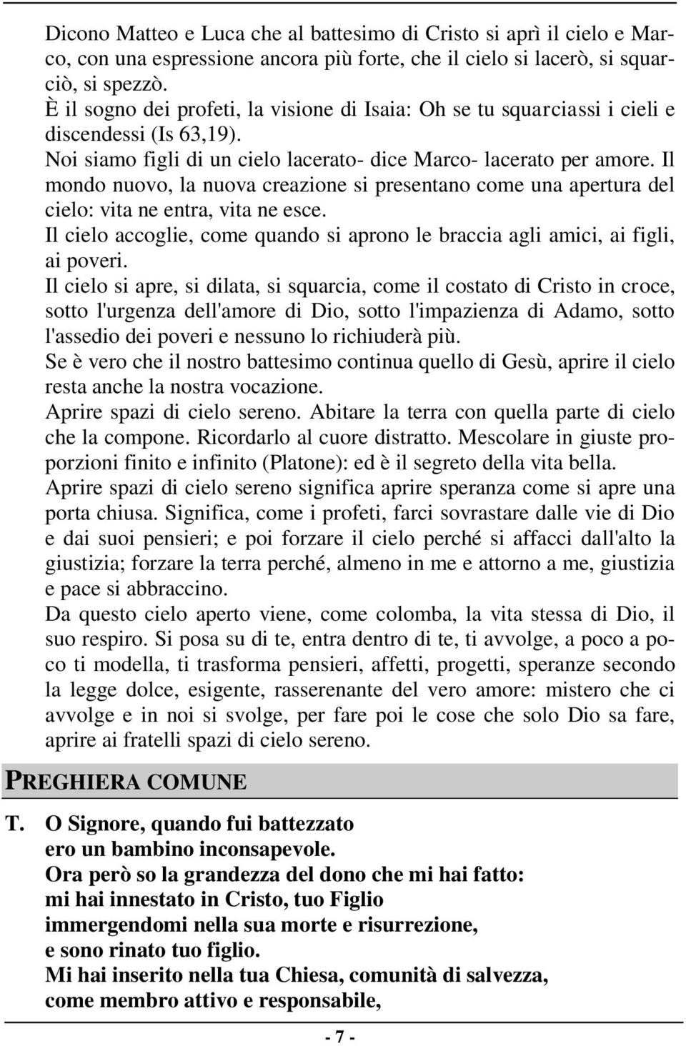 Il mondo nuovo, la nuova creazione si presentano come una apertura del cielo: vita ne entra, vita ne esce. Il cielo accoglie, come quando si aprono le braccia agli amici, ai figli, ai poveri.