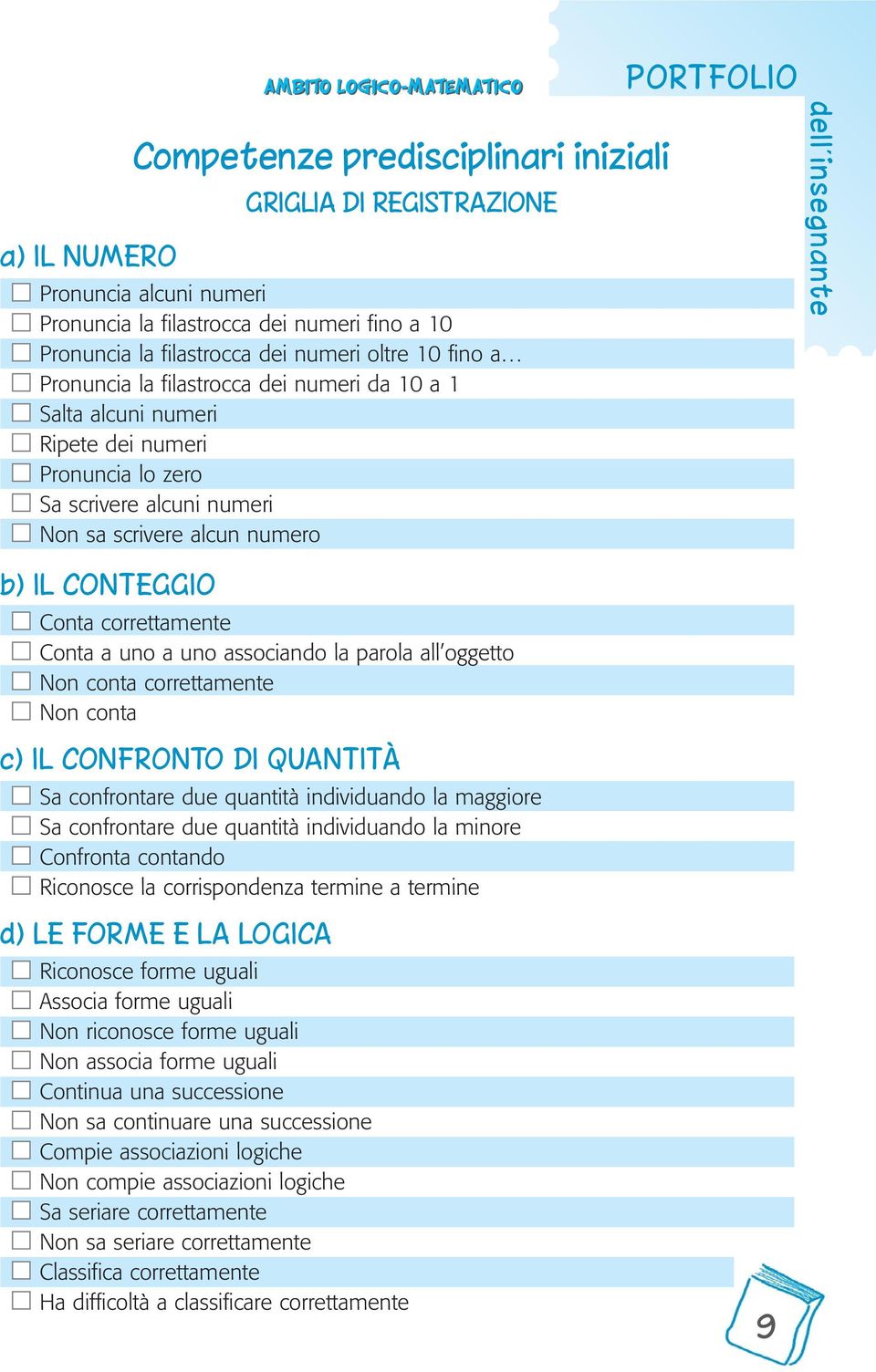 dell insegnante b) IL CONTEGGIO Conta correttamente Conta a uno a uno associando la parola all oggetto Non conta correttamente Non conta c) IL CONFRONTO DI QUANTITÀ Sa confrontare due quantità