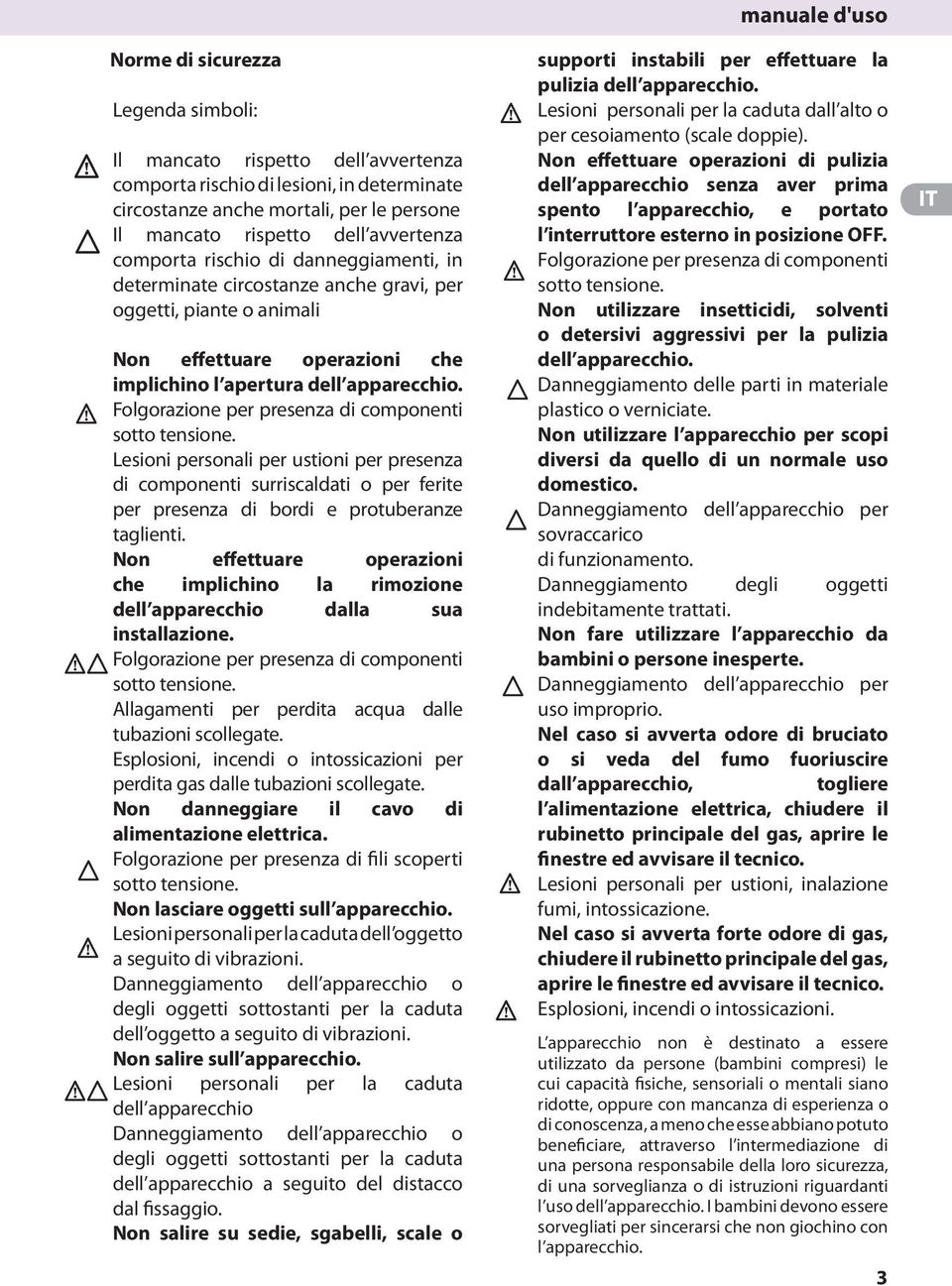 Folgorazione per presenza di componenti sotto tensione. Lesioni personali per ustioni per presenza di componenti surriscaldati o per ferite per presenza di bordi e protuberanze taglienti.