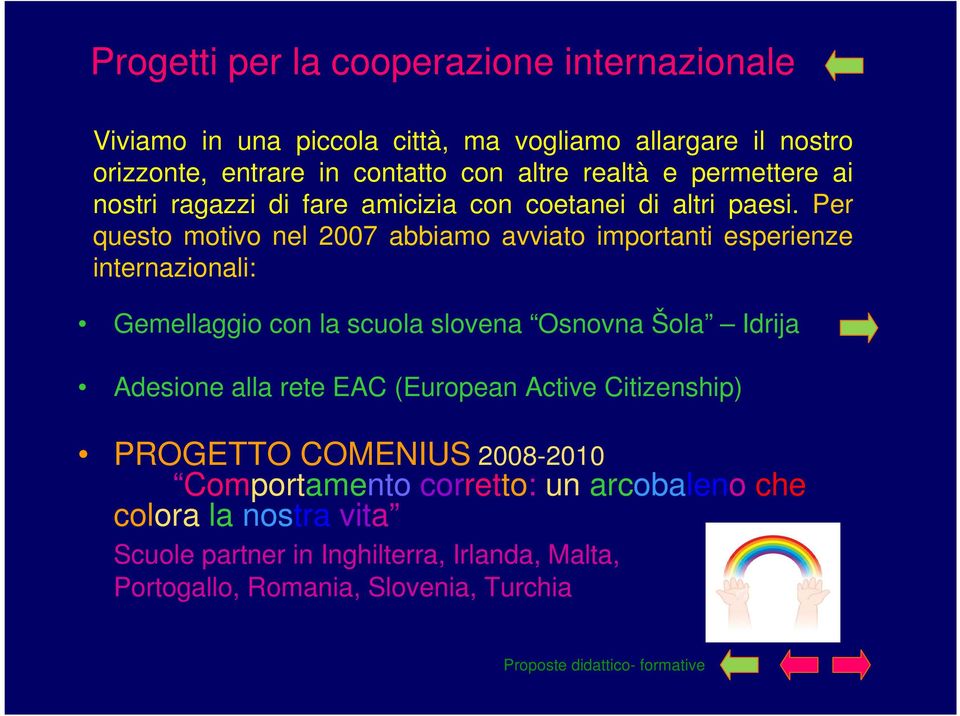 Per questo motivo nel 2007 abbiamo avviato importanti esperienze internazionali: Gemellaggio con la scuola slovena Osnovna Šola Idrija Adesione alla rete