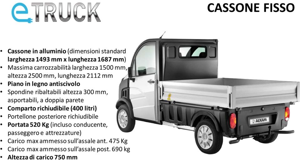 parete Comparto richiudibile (400 litri) Portellone posteriore richiudibile Portata 520 Kg (incluso conducente, passeggero e