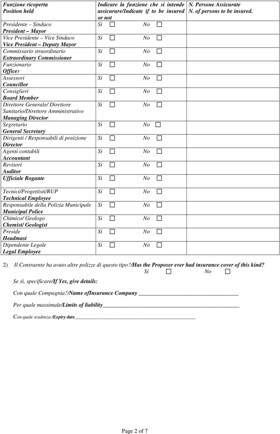 Director Segretario General Secretary Dirigenti / Responsabili di posizione Director Agenti contabili Accountant Revisori Auditor Ufficiale Rogante N. Persone Assicurate N. of persons to be insured.
