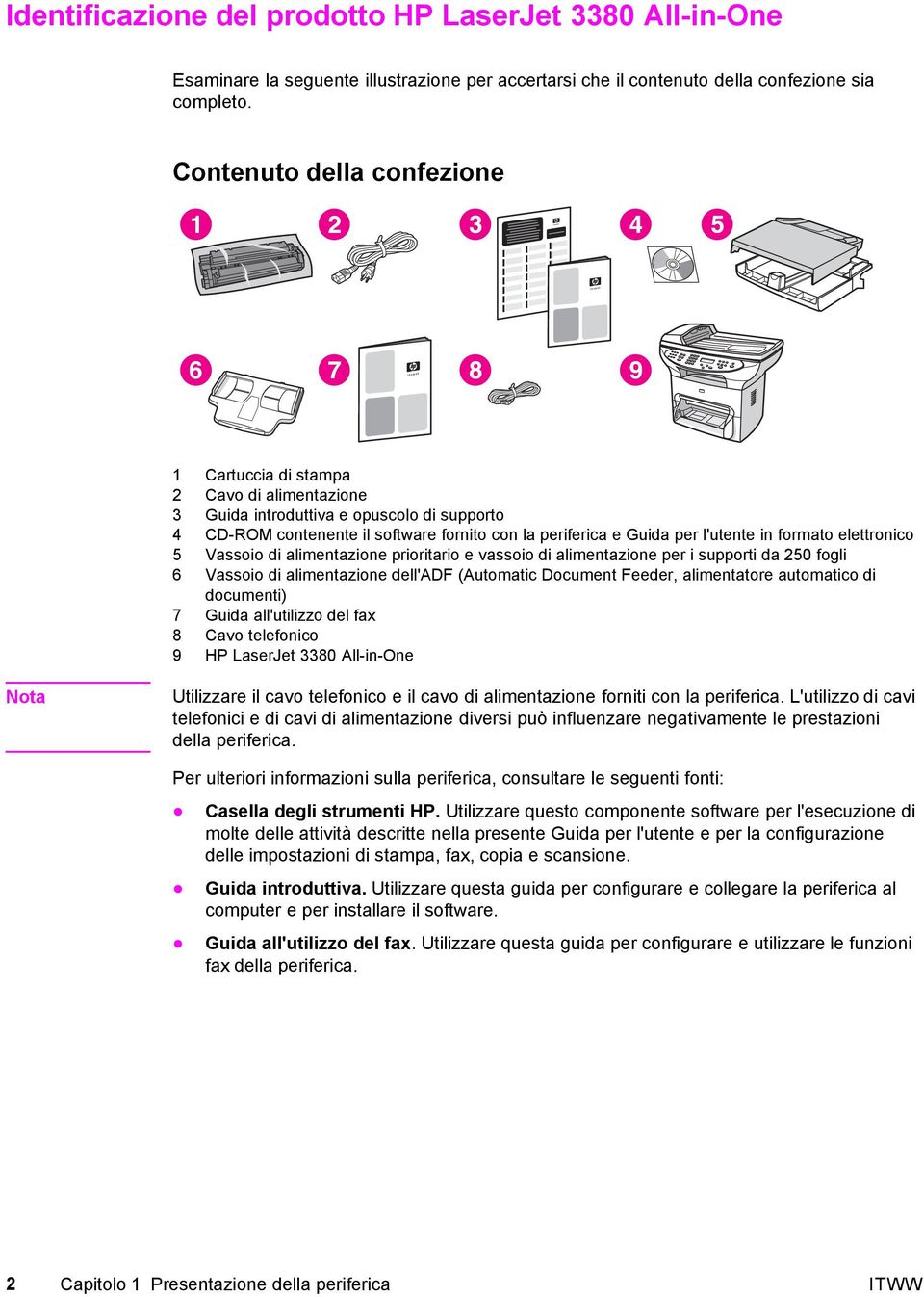 formato elettronico 5 Vassoio di alimentazione prioritario e vassoio di alimentazione per i supporti da 250 fogli 6 Vassoio di alimentazione dell'adf (Automatic Document Feeder, alimentatore