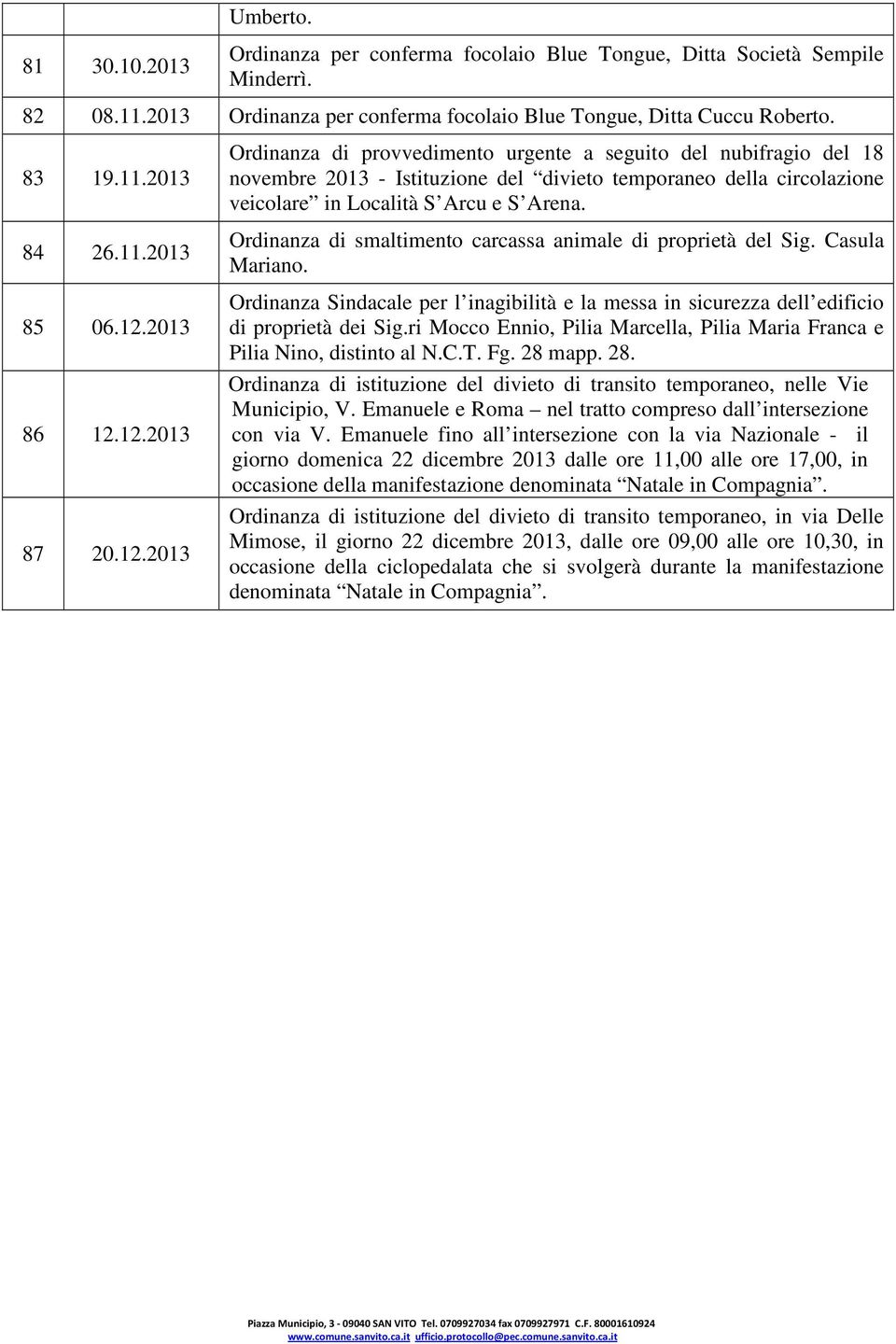 Ordinanza Sindacale per l inagibilità e la messa in sicurezza dell edificio di proprietà dei Sig.ri Mocco Ennio, Pilia Marcella, Pilia Maria Franca e Pilia Nino, distinto al N.C.T. Fg. 28 