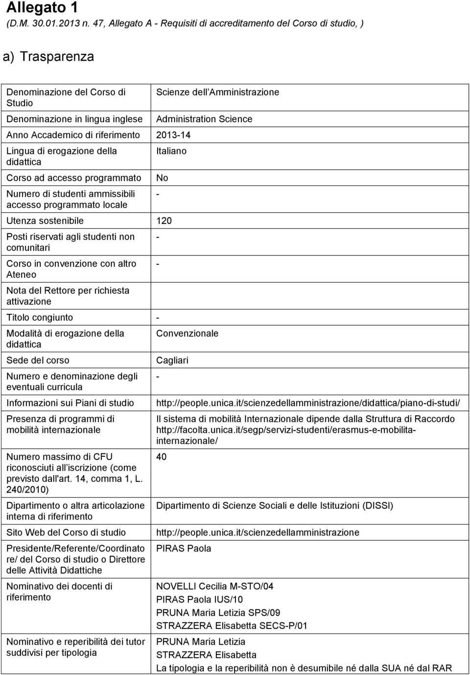 erogazione della didattica Corso ad accesso programmato Numero di studenti ammissibili accesso programmato locale Scienze dell Amministrazione Administration Science Italiano No Utenza sostenibile