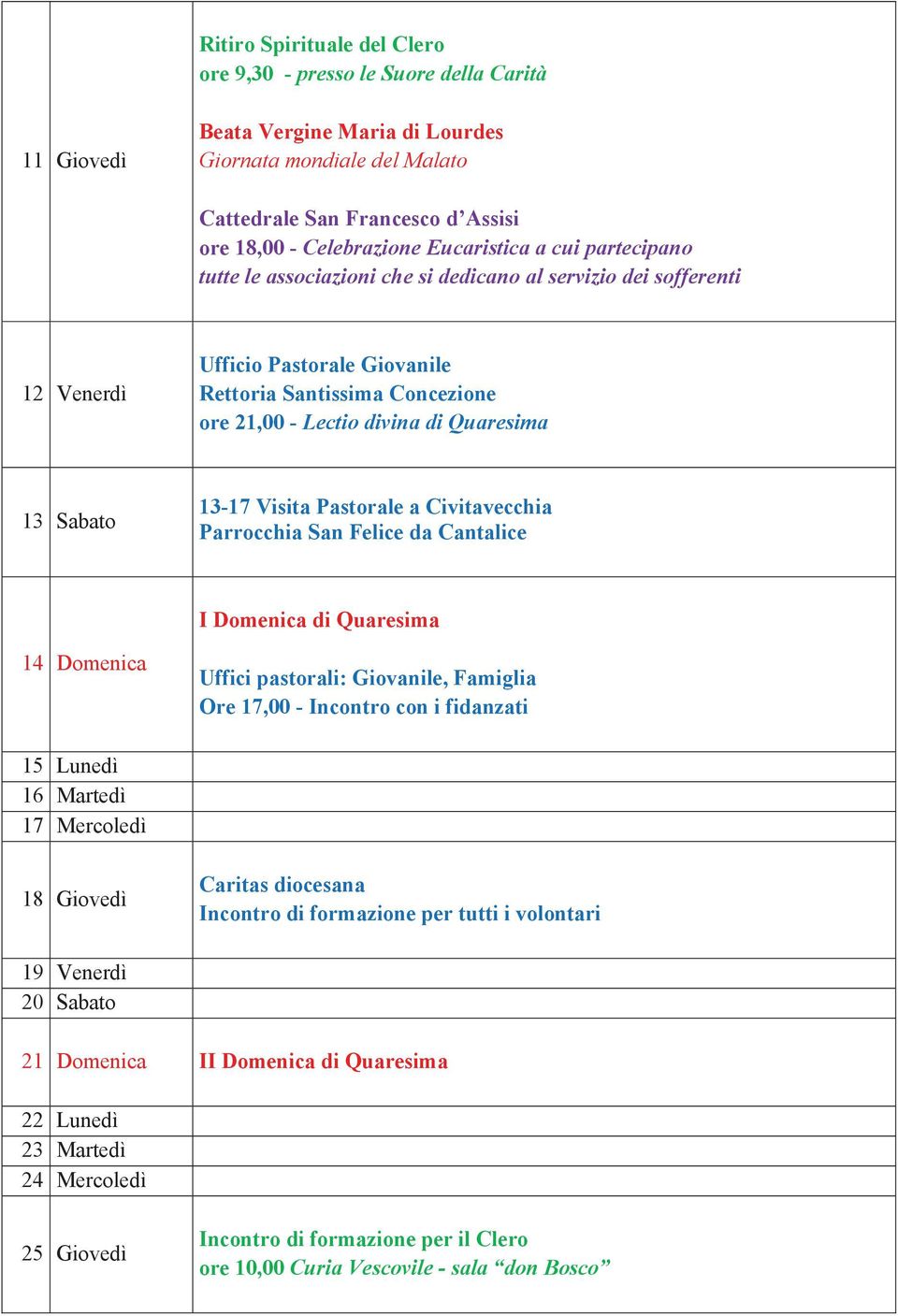 Pastorale a Civitavecchia Parrocchia San Felice da Cantalice I Domenica di Quaresima 14 Domenica Uffici pastorali: Giovanile, Famiglia Ore 17,00 - Incontro con i fidanzati 15 Lunedì 16 Martedì 17