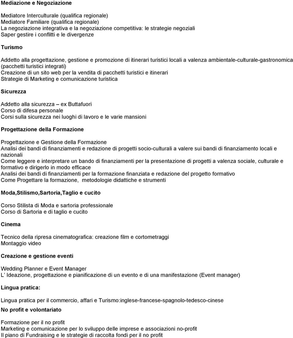integrati) Creazione di un sito web per la vendita di pacchetti turistici e itinerari Strategie di Marketing e comunicazione turistica Sicurezza Addetto alla sicurezza ex Buttafuori Corso di difesa