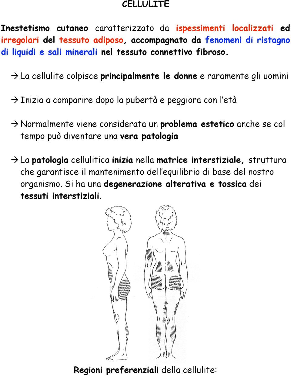 La cellulite colpisce principalmente le donne e raramente gli uomini Inizia a comparire dopo la pubertà e peggiora con l età Normalmente viene considerata un problema