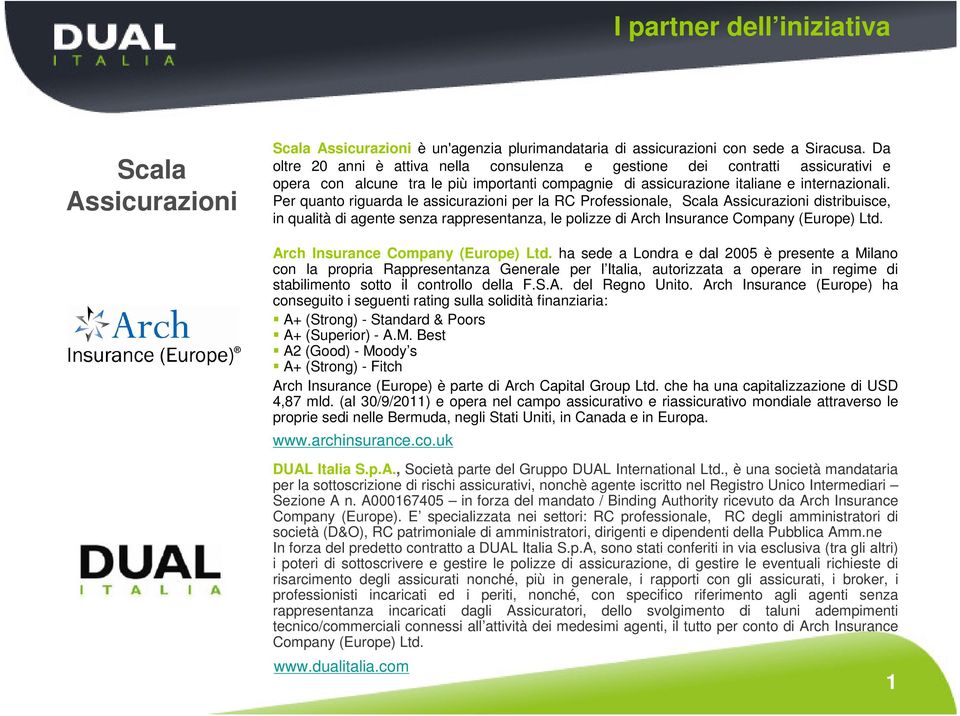 Per quanto riguarda le assicurazioni per la RC Professionale, Scala Assicurazioni distribuisce, in qualità di agente senza rappresentanza, le polizze di Arch Insurance Company (Europe) Ltd.