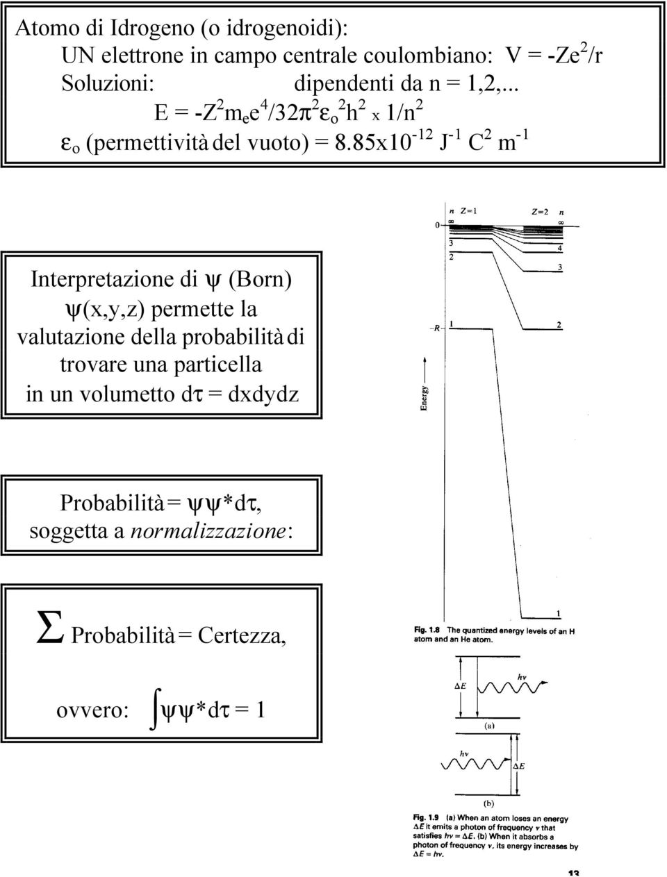 85x10-12 J -1 C 2 m -1 Interpretazione di ψ (Born) ψ(x,y,z) permette la valutazione della probabilità di trovare
