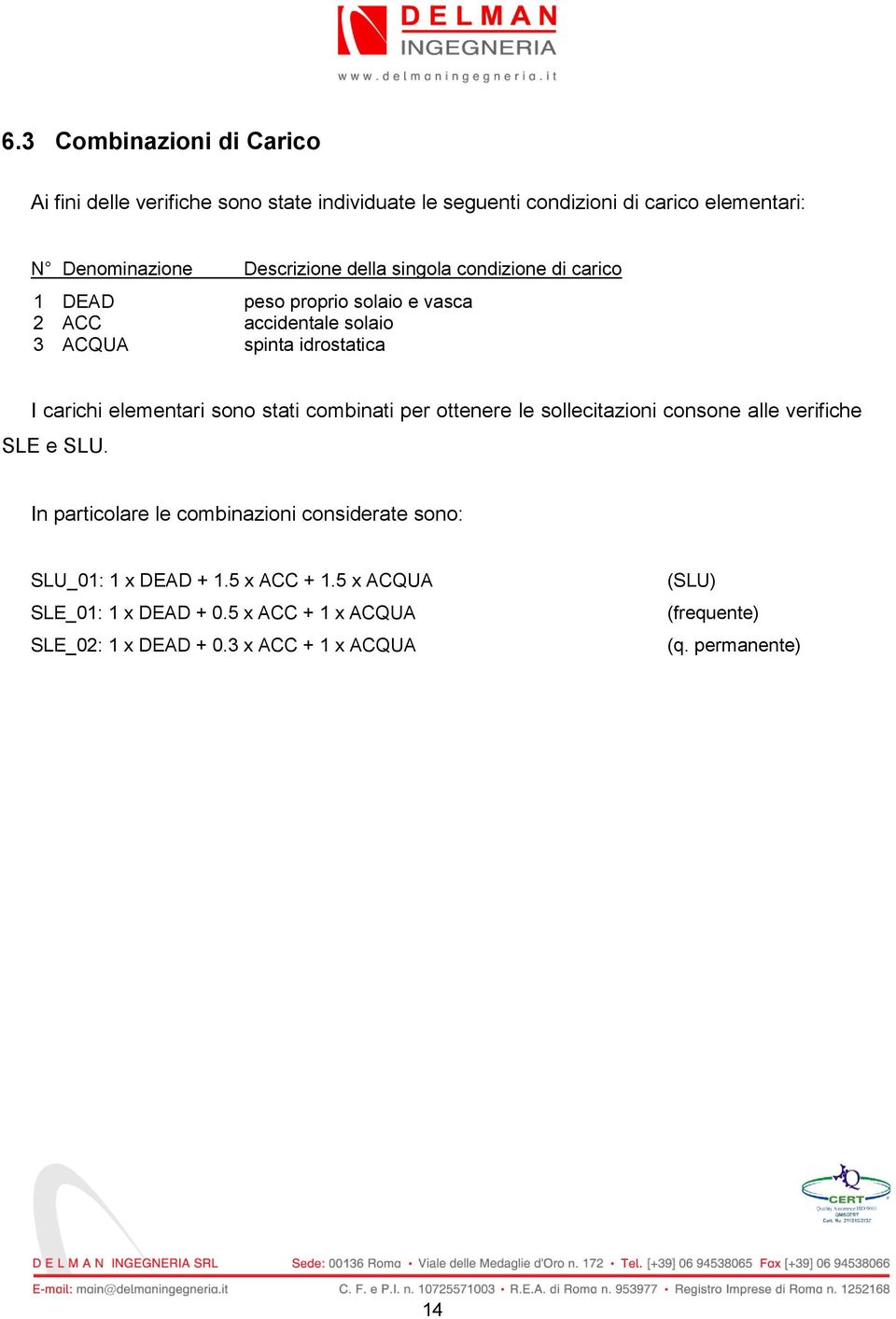 sono stati combinati per ottenere le sollecitazioni consone alle verifiche SLE e SLU.