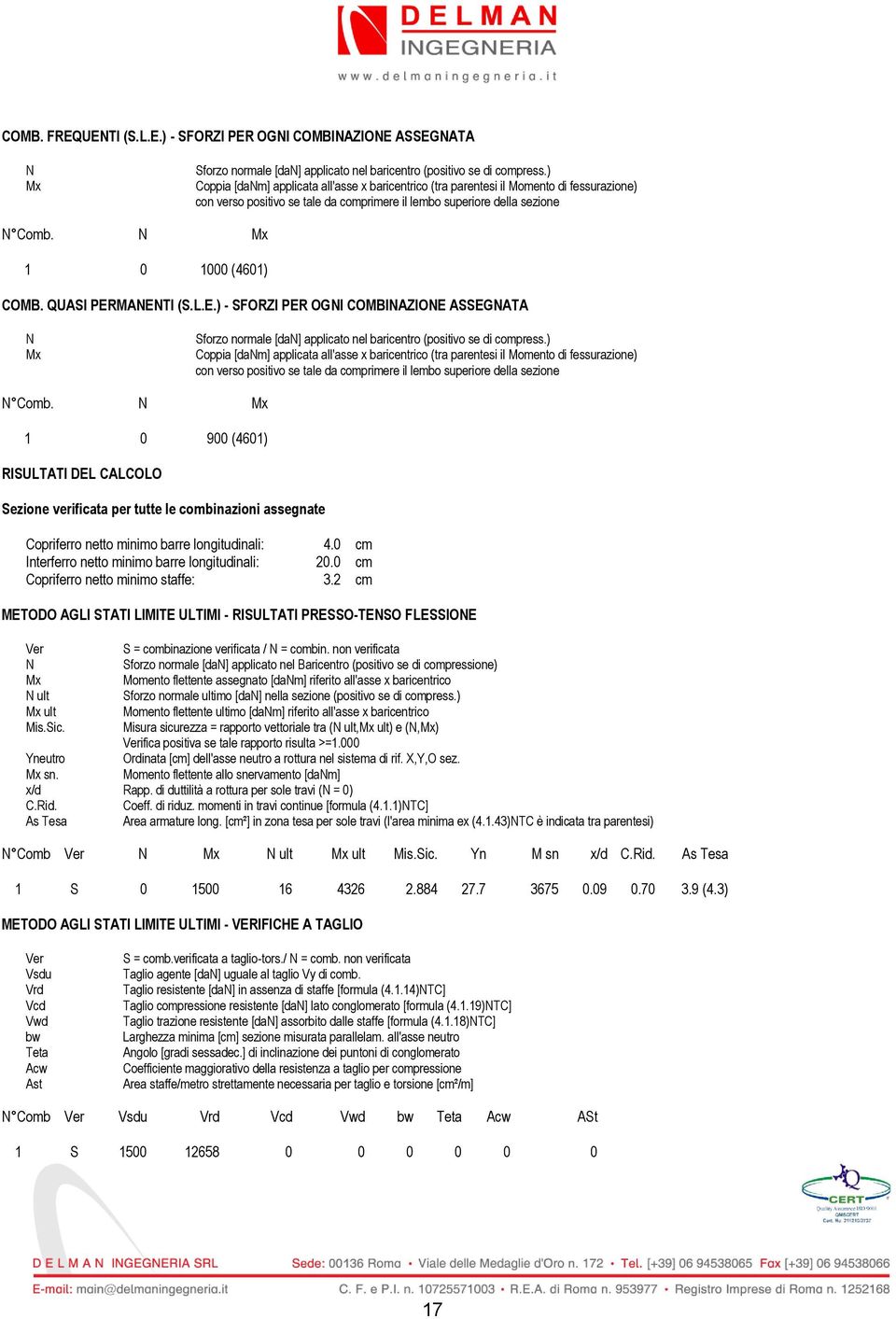 N Mx 1 0 1000 (4601) COMB. QUASI PERMANENTI (S.L.E.) - SFORZI PER OGNI COMBINAZIONE ASSEGNATA N Mx Sforzo normale [dan] applicato nel baricentro (positivo se di compress.