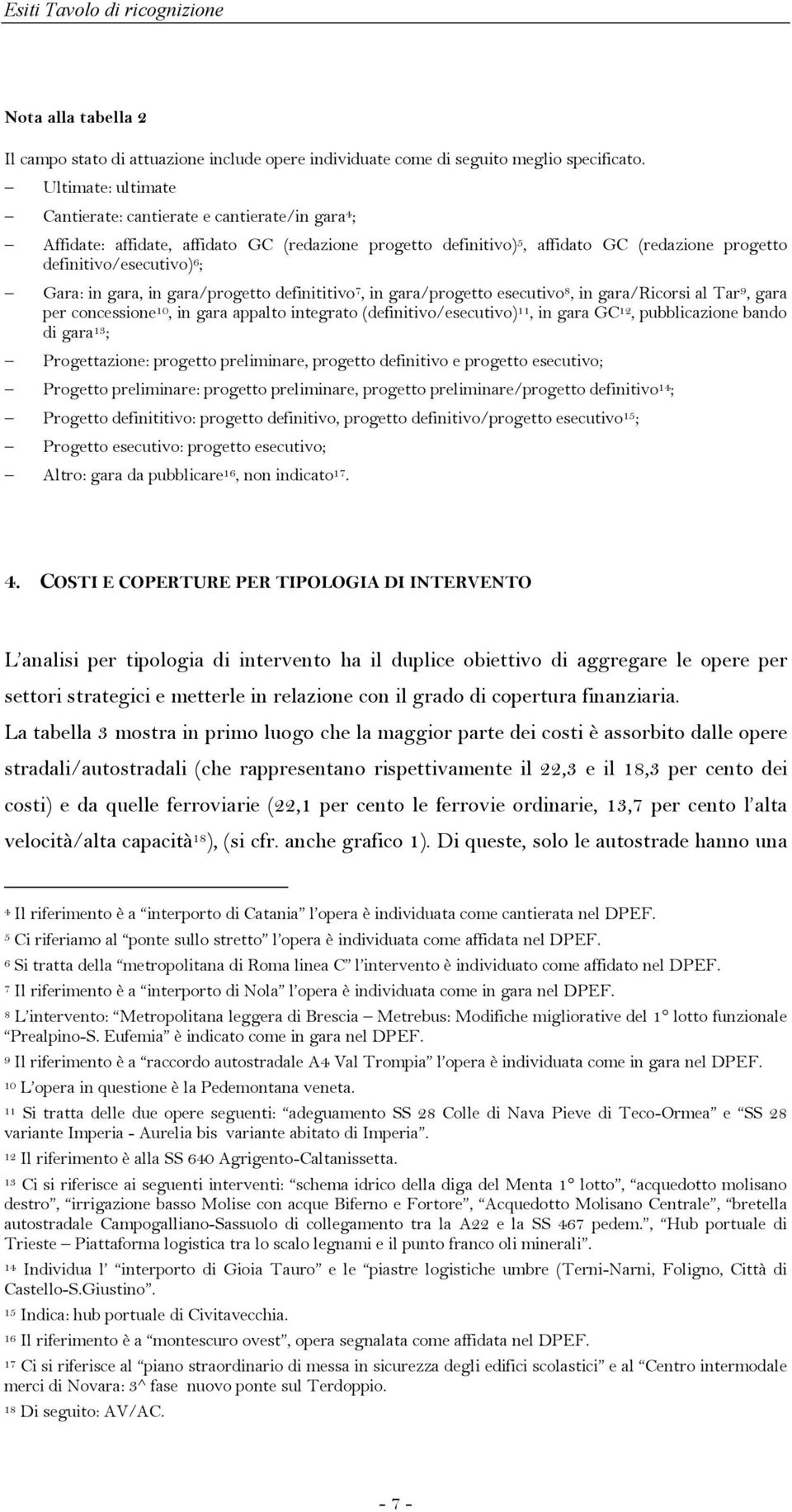 in gara, in gara/progetto definititivo 7, in gara/progetto esecutivo 8, in gara/ricorsi al Tar 9, gara per concessione 10, in gara appalto integrato (definitivo/esecutivo) 11, in gara GC 12,