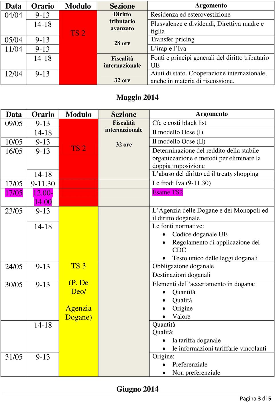 Data Orario Modulo Sezione Argomento 09/05 9-13 Fiscalità Cfc e costi black list 14-18 Il modello Ocse (I) 10/05 9-13 32 ore Il modello Ocse (II) 16/05 9-13 TS 2 Determinazione del reddito della