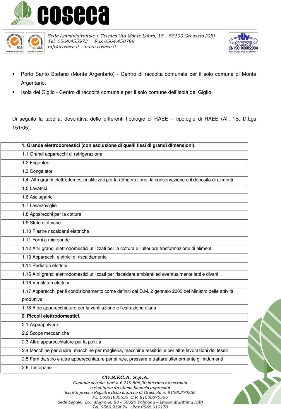 2 Frigoriferi 1.3 Congelatori 1.4. Altri grandi elettrodomestici utilizzati per la refrigerazione, la conservazione e il deposito di alimenti 1.5 Lavatrici 1.6 Asciugatrici 1.7 Lavastoviglie 1.