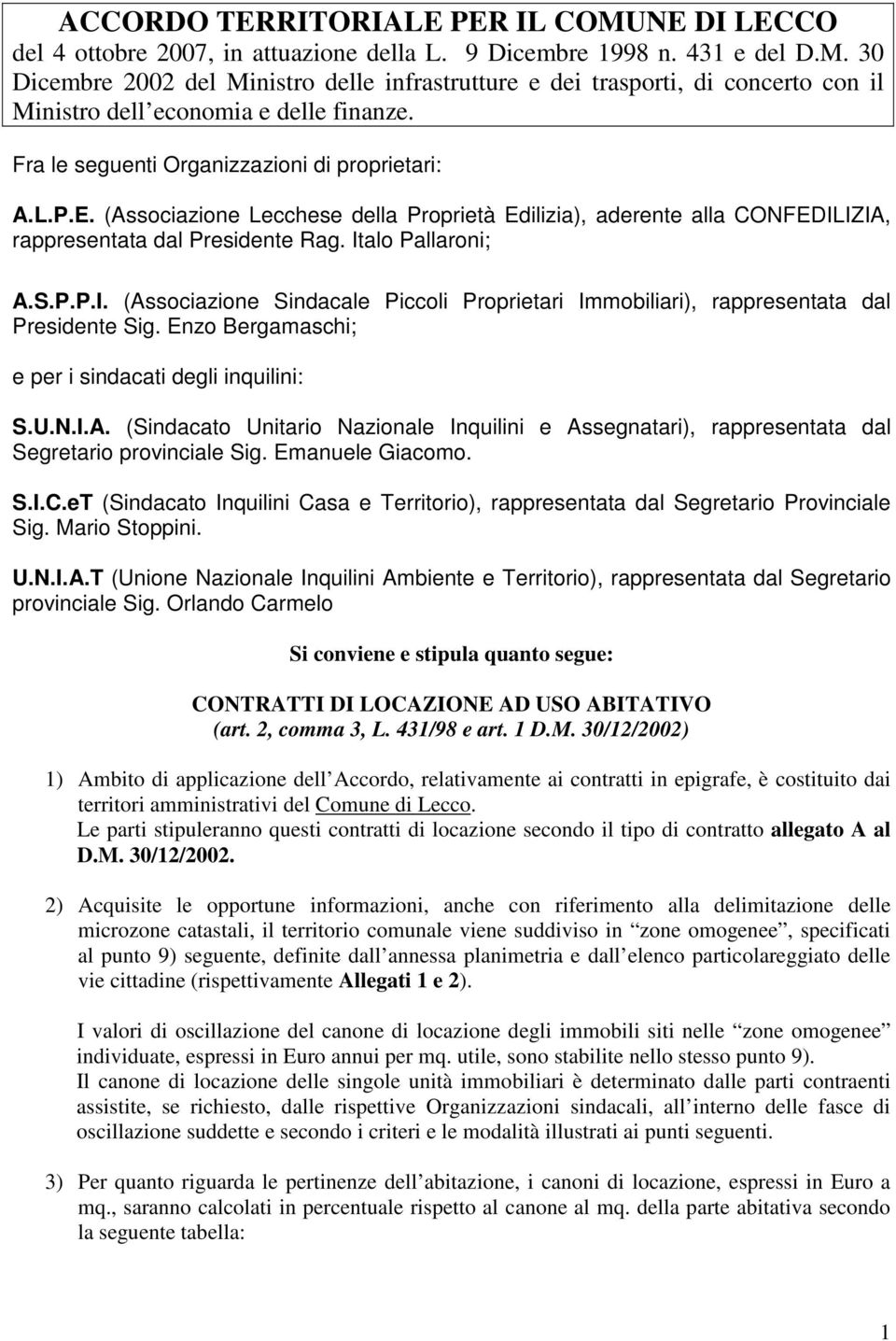 IZIA, rappresentata dal Presidente Rag. Italo Pallaroni; A.S.P.P.I. (Associazione Sindacale Piccoli Proprietari Immobiliari), rappresentata dal Presidente Sig.