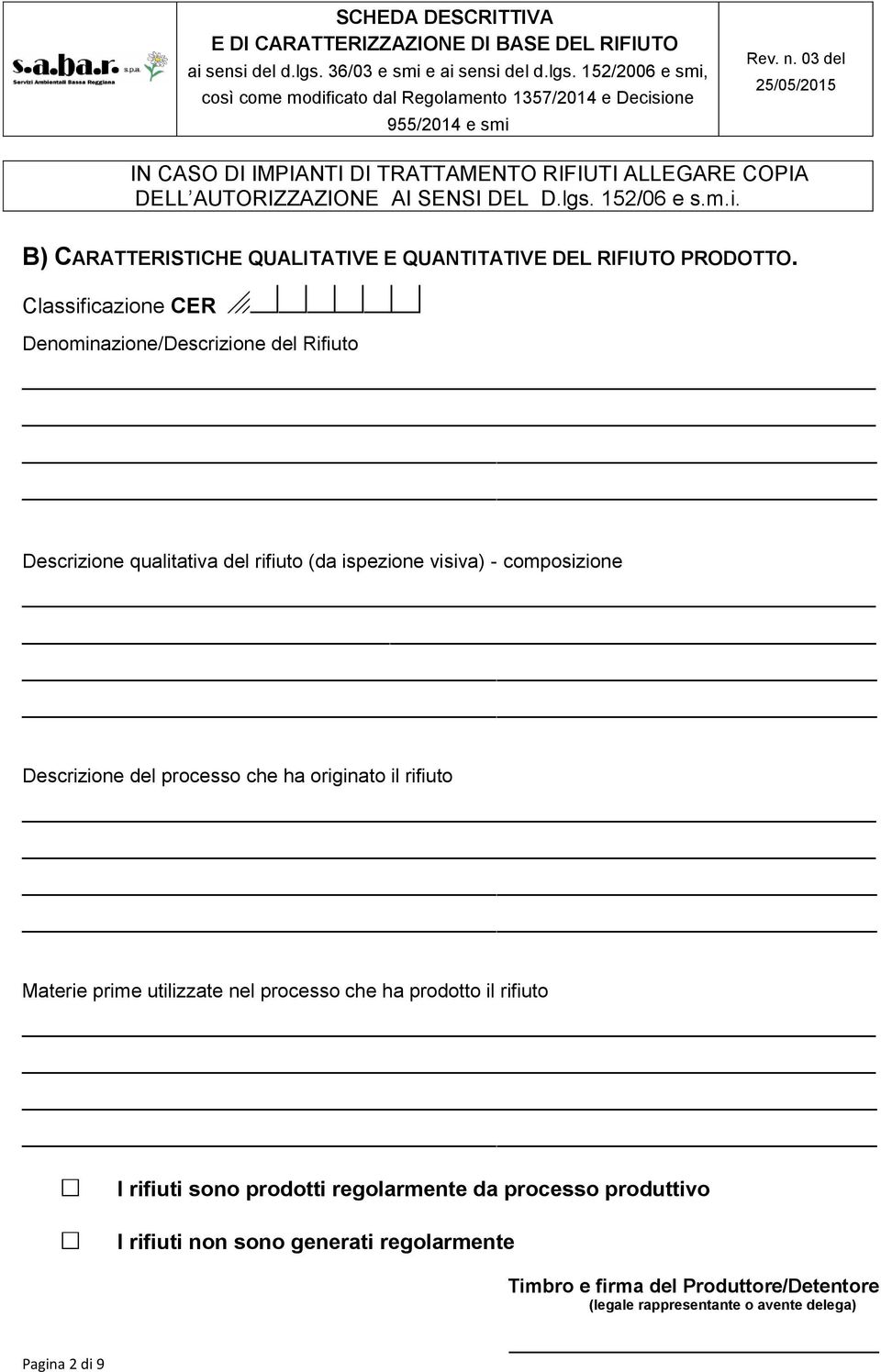 Classificazione CER Denominazione/Descrizione del Rifiuto Descrizione qualitativa del rifiuto (da ispezione visiva) - composizione