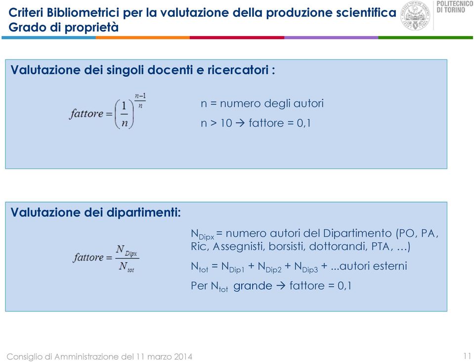 (PO, PA, Ric, Assegnisti, borsisti, dottorandi, PTA, ) N tot = N Dip1 + N Dip2 + N Dip3 +.