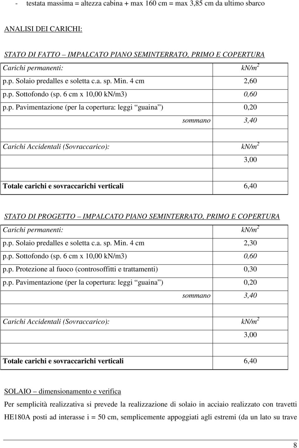 p. Solaio predalles e soletta c.a. sp. Min. 4 cm 2,60 p.p. Sottofondo (sp. 6 cm x 10,00 kn/m3) 0,60 p.p. Pavimentazione (per la copertura: leggi guaina ) 0,20 sommano 3,40 Carichi Accidentali