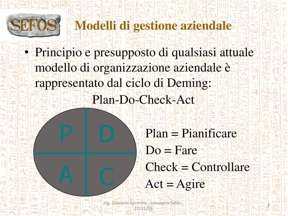 dal ciclo di Deming: Plan-Do-Check-Act P D A C Plan