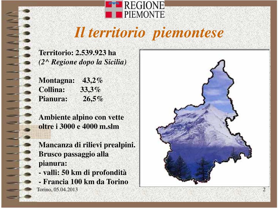 26,5% Il territorio piemontese Ambiente alpino con vette oltre i 3000 e 4000 m.