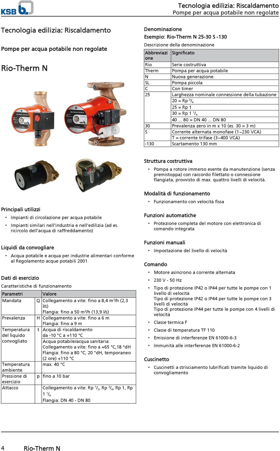 = m) Corrente alternata monofase (~ VCA) T = corrente trifase (~ VCA) Scartamento mm Struttura costruttiva Pompa a rotore immerso esente da manutenzione (senza premistoppa) con raccordo filettato o