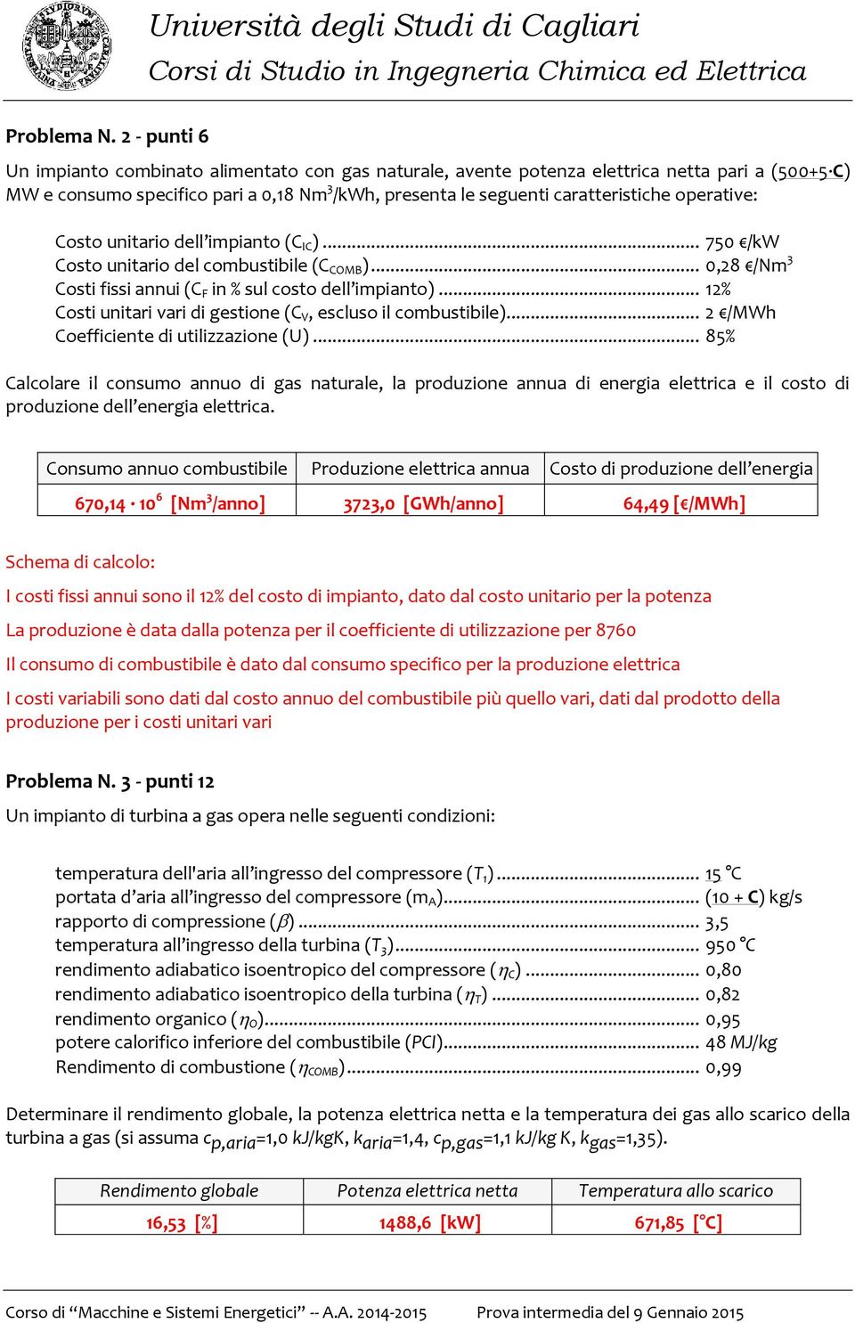 operative: Costo unitario dell impianto (C IC )... 750 /kw Costo unitario del combustibile (C COMB )... 0,28 /Nm 3 Costi fissi annui (C F in % sul costo dell impianto).