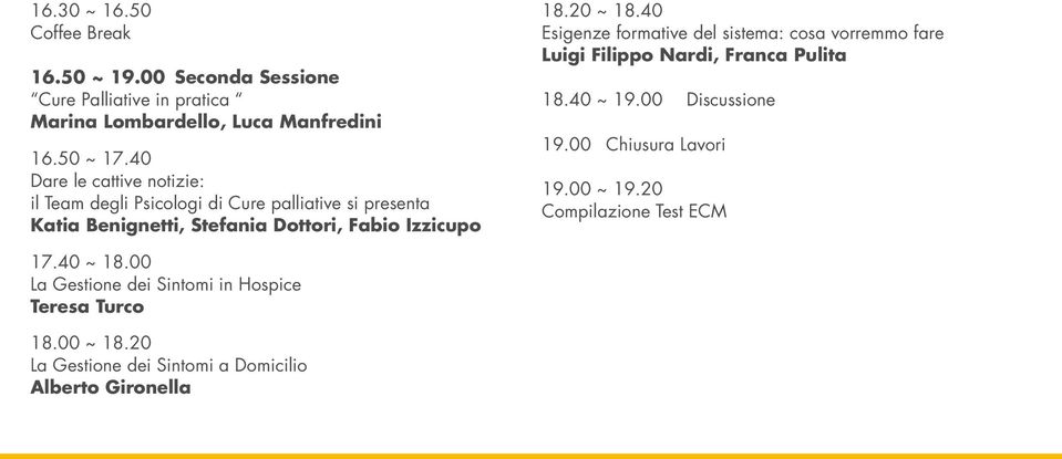40 Esigenze formative del sistema: cosa vorremmo fare Luigi Filippo Nardi, Franca Pulita 18.40 ~ 19.00 Discussione 19.00 Chiusura Lavori 19.