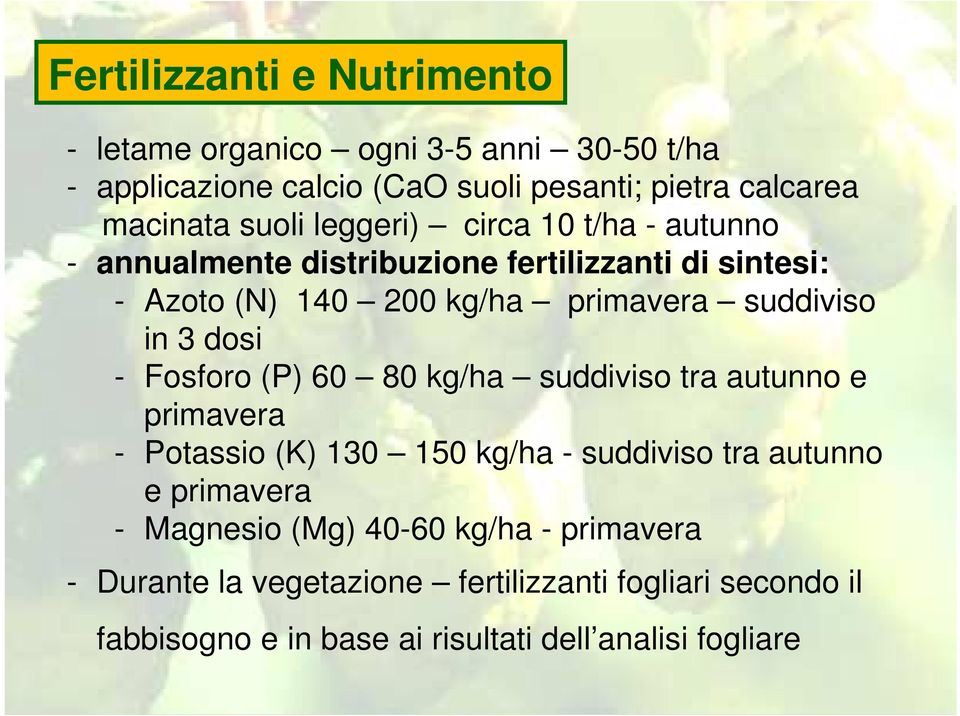 3 dosi - Fosforo (P) 60 80 kg/ha suddiviso tra autunno e primavera - Potassio (K) 130 150 kg/ha - suddiviso tra autunno e primavera -