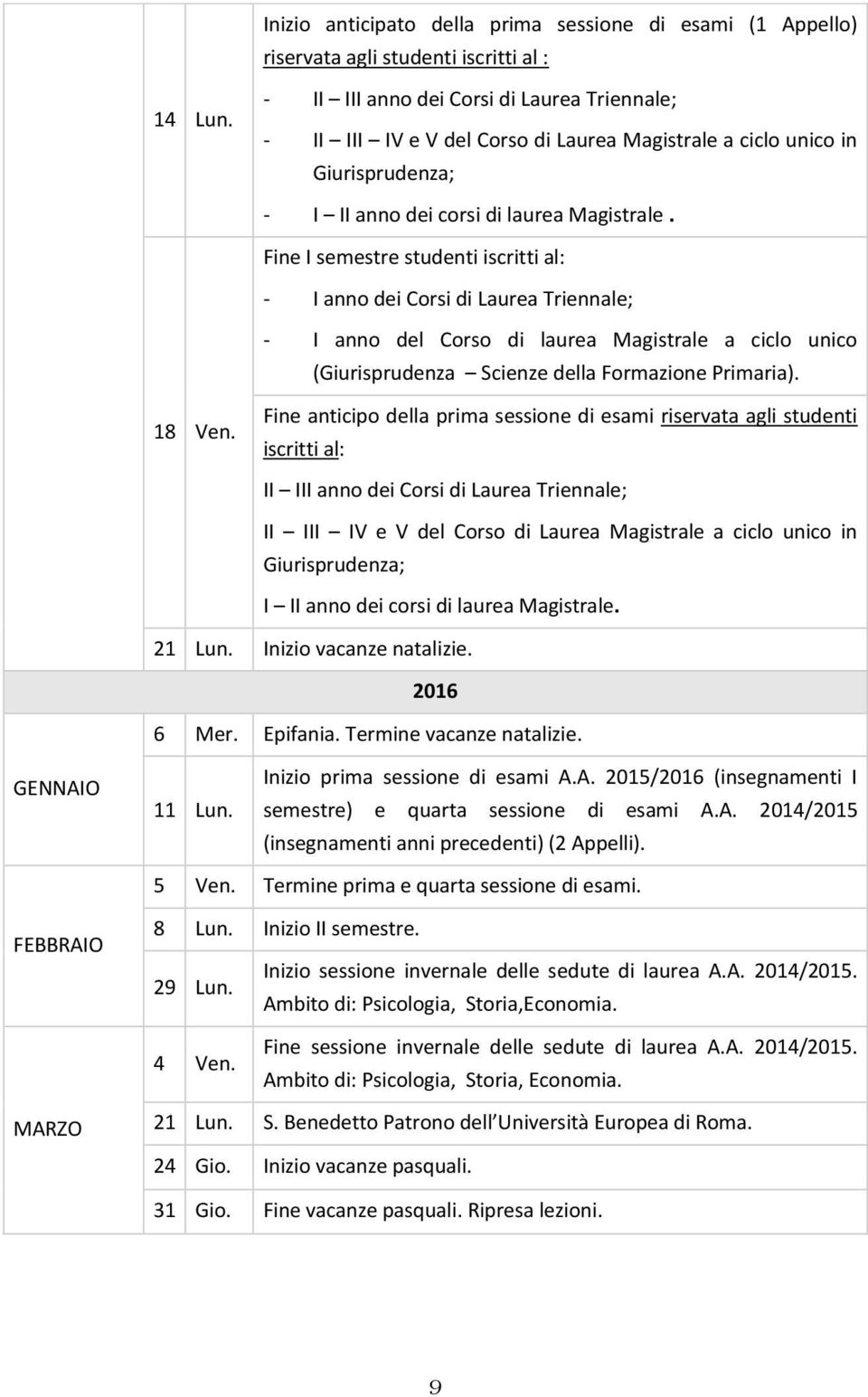 Fine I semestre studenti iscritti al: - I anno dei Corsi di Laurea Triennale; - I anno del Corso di laurea Magistrale a ciclo unico (Giurisprudenza Scienze della Formazione Primaria). 18 Ven.