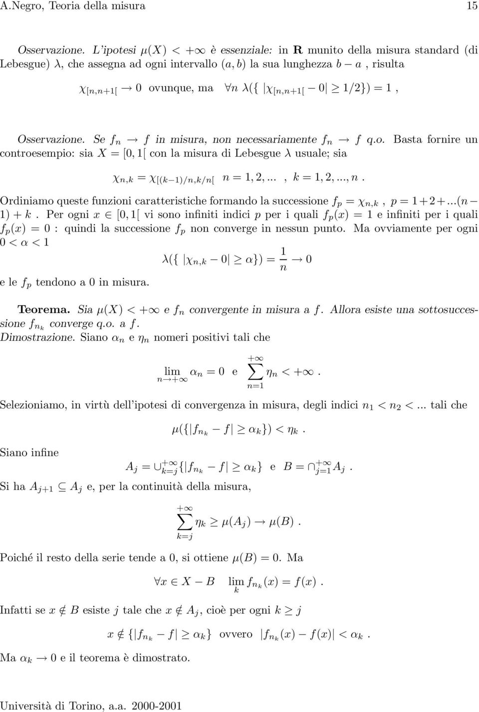 Osservazioe. Se f f i misura, o ecessariamete f f q.o. Basta forire u cotroesempio: sia = [0, 1[ co la misura di Lebesgue λ usuale; sia χ,k = χ [(k 1)/,k/[ = 1, 2,..., k = 1, 2,...,. Ordiiamo queste fuzioi caratteristiche formado la successioe f p = χ,k, p = 1+2+.