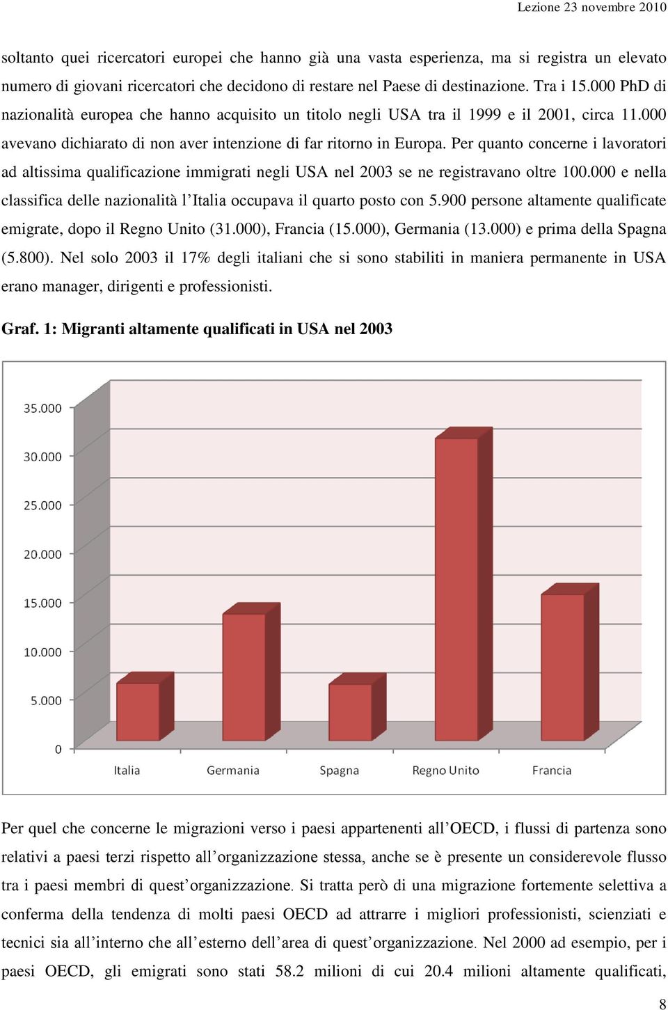 Per quanto concerne i lavoratori ad altissima qualificazione immigrati negli USA nel 2003 se ne registravano oltre 100.000 e nella classifica delle nazionalità l Italia occupava il quarto posto con 5.