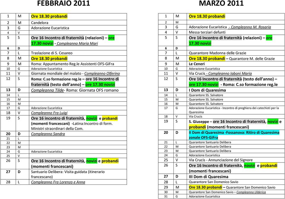le ore 16 Incontro di fraternità (testo dell anno) ore 13 D Compleanno Tilde- Roma: Giornata OFS romano 14 L 15 M 16 M 17 G Adorazione Eucaristica 18 V Compleanno Fra Luigi 19 S Ore 16 incontro di