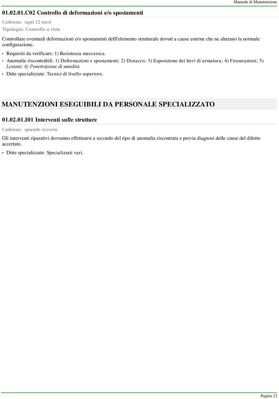 Anomalie riscontrabili: 1) Deformazioni e spostamenti; 2) Distacco; 3) Esposizione dei ferri di armatura; 4) Fessurazioni; 5) Lesioni; 6) Penetrazione di umidità.