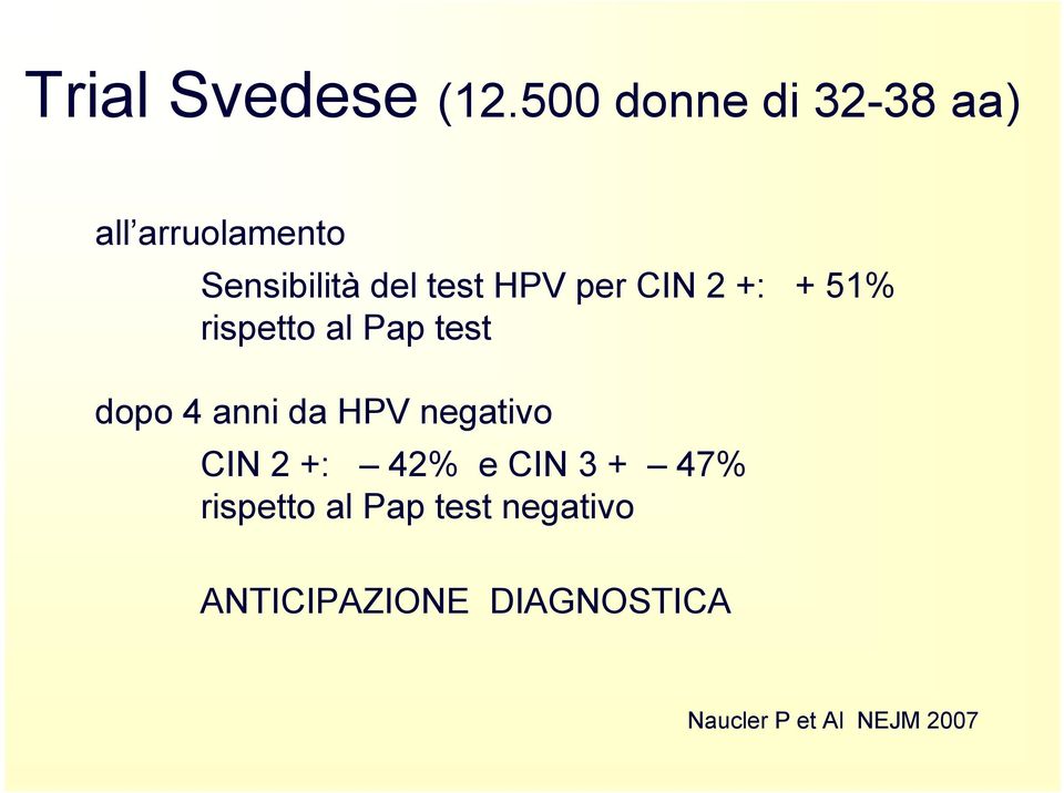 per CIN 2 +: + 51% rispetto al Pap test dopo 4 anni da HPV