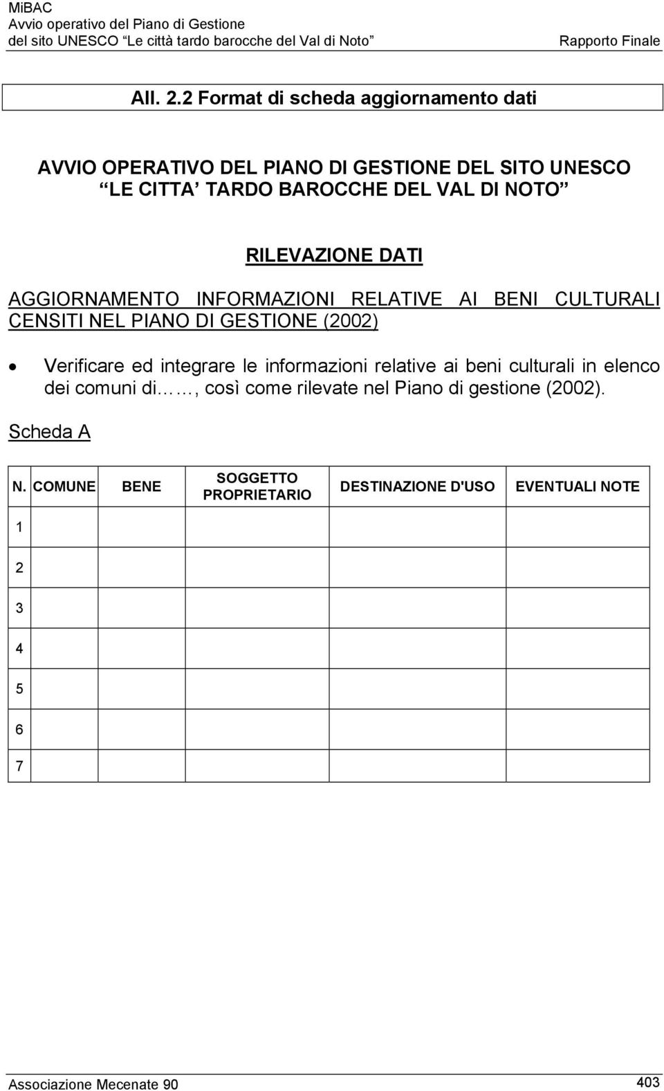 NOTO RILEVAZIONE DATI AGGIORNAMENTO INFORMAZIONI RELATIVE AI BENI CULTURALI CENSITI NEL PIANO DI GESTIONE (2002) Verificare ed