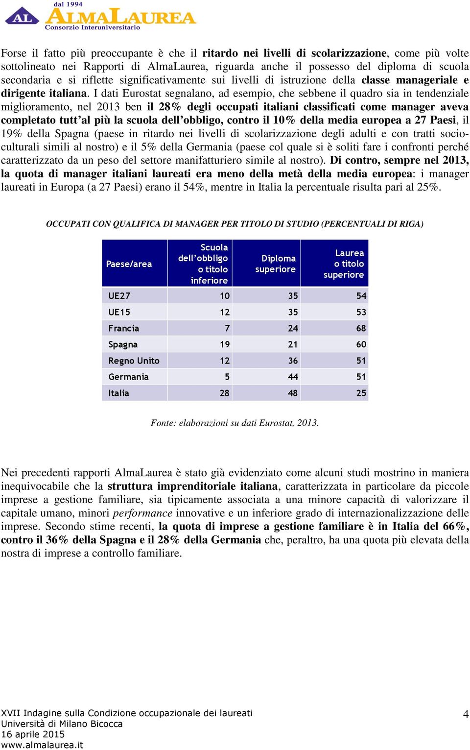 I dati Eurostat segnalano, ad esempio, che sebbene il quadro sia in tendenziale miglioramento, nel ben il 2% degli occupati italiani classificati come manager aveva completato tutt al più la scuola